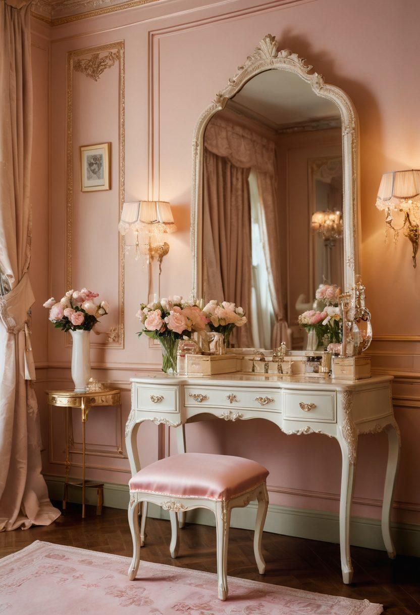 A beautifully arranged display of luxurious lingerie in soft silk and delicate lace. The setting is an elegant dressing room with ambient lighting, featuring a vintage vanity and ornate mirrors reflecting the garments. Include pastel-colored fabrics draped elegantly, and add blooming flowers in the background for a touch of romance. Highlight the intricate details of the lingerie pieces, such as embroidery and delicate straps. soft focus, romantic, elegant style.