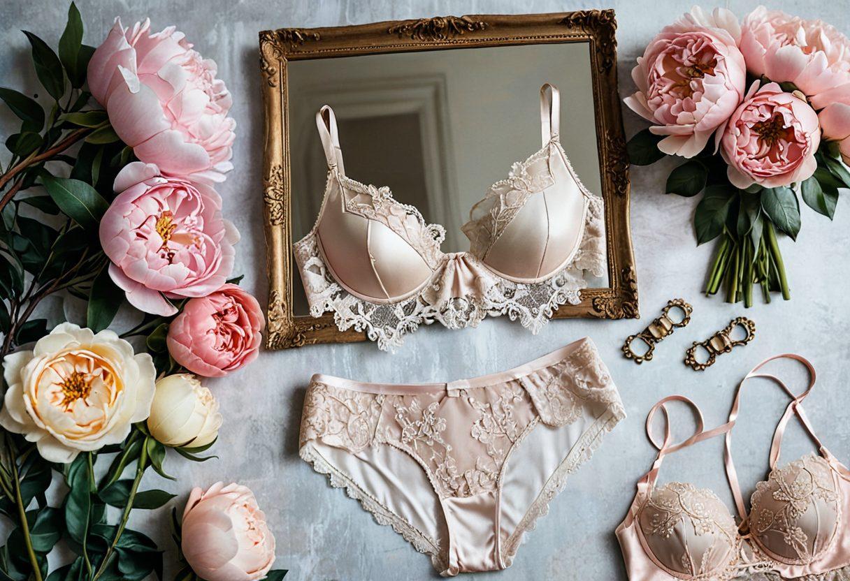 A beautifully styled flat lay of luxurious lingerie pieces in an array of colors, surrounded by delicate lace and satin textures. Include a vintage mirror reflecting the pieces, soft floral accents, and tasteful lighting to create an intimate atmosphere. Elements of elegance and sensuality are highlighted, ensuring a sense of sophistication and allure. Focus on soft shadows and rich details. super-realistic. vibrant colors.